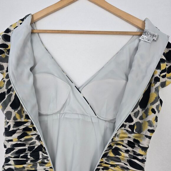 Kay Unger Womens 4 Silk Abstract Animal Print Yellow Gray Black Faux Wrap Dress - Picture 11 of 16